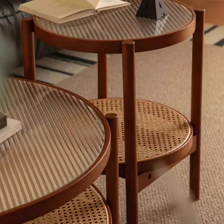 Cherry Wood & Rattan Coffee Table with Tempered Glass Top - Elegant Living Room Accent fpmxm-2780