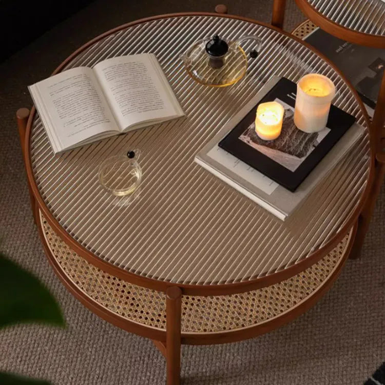 Cherry Wood & Rattan Coffee Table with Tempered Glass Top - Elegant Living Room Accent fpmxm-2780
