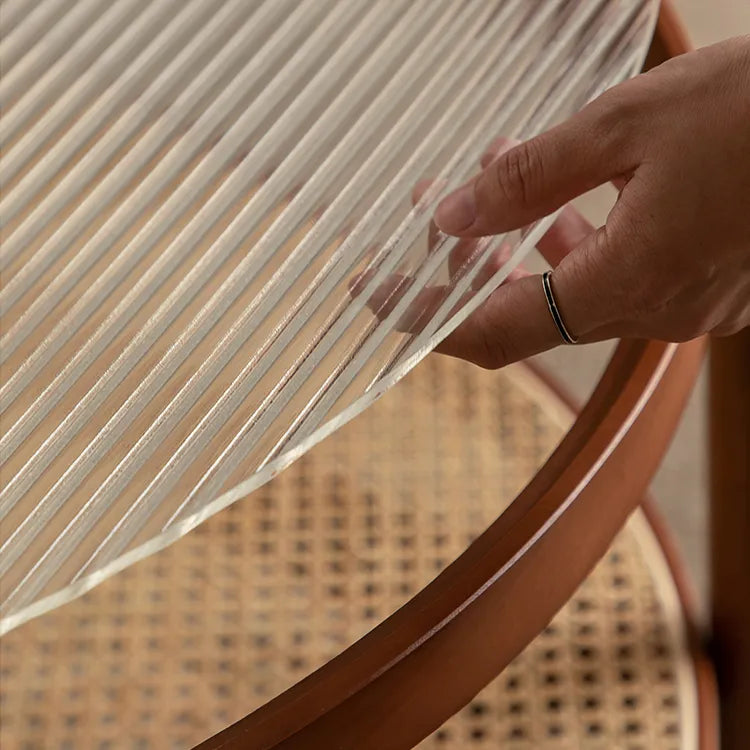 Cherry Wood & Rattan Coffee Table with Tempered Glass Top - Elegant Living Room Accent fpmxm-2780