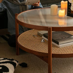 Cherry Wood & Rattan Coffee Table with Tempered Glass Top - Elegant Living Room Accent fpmxm-2780