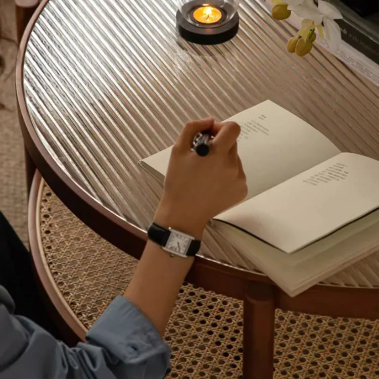 Cherry Wood & Rattan Coffee Table with Tempered Glass Top - Elegant Living Room Accent fpmxm-2780