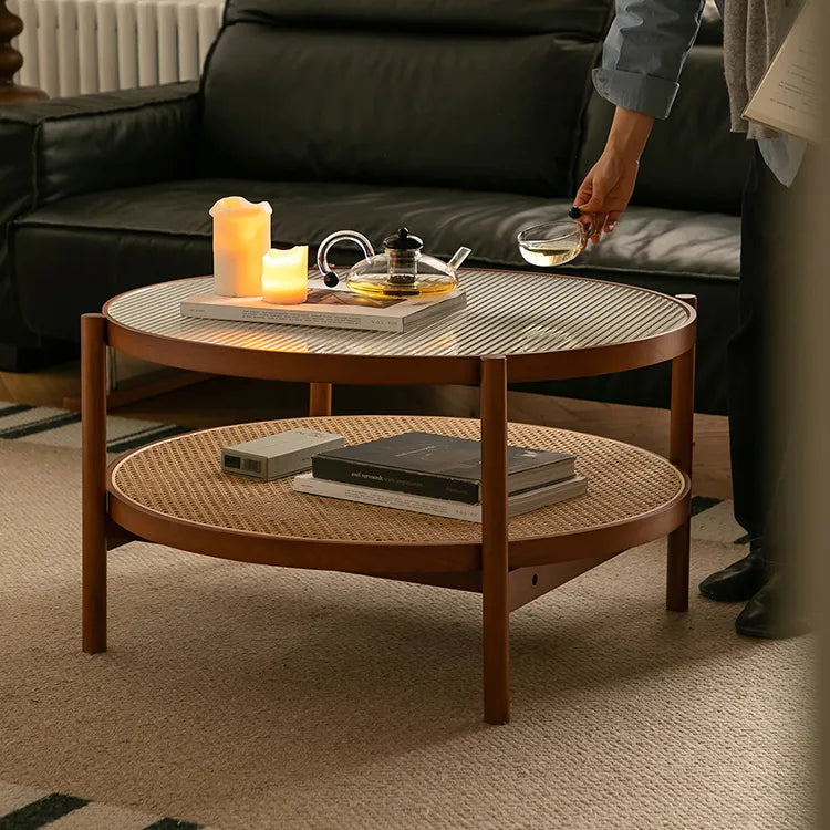 Cherry Wood & Rattan Coffee Table with Tempered Glass Top - Elegant Living Room Accent fpmxm-2780