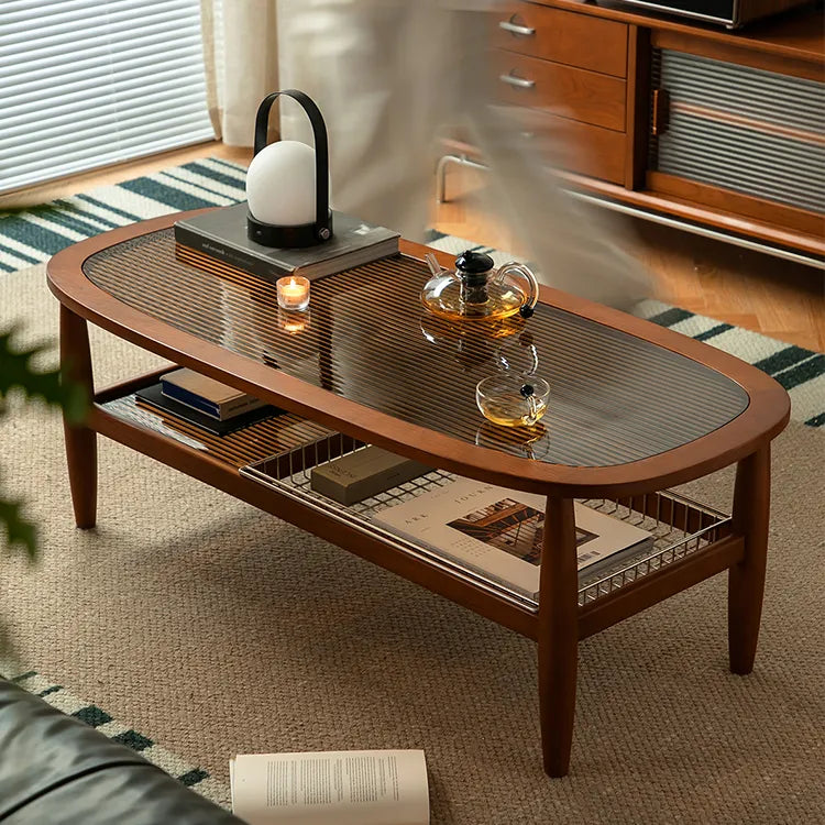 Stylish Cherry Wood & Boxwood Coffee Table with Tempered Glass Top fpmxm-2782