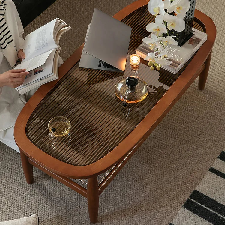 Stylish Cherry Wood & Boxwood Coffee Table with Tempered Glass Top fpmxm-2782