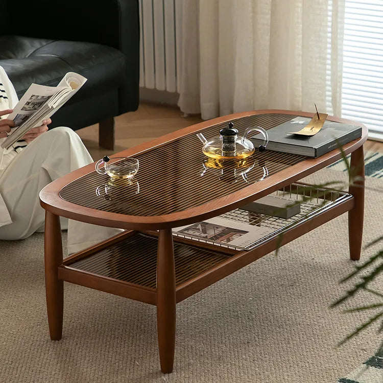 Stylish Cherry Wood & Boxwood Coffee Table with Tempered Glass Top fpmxm-2782