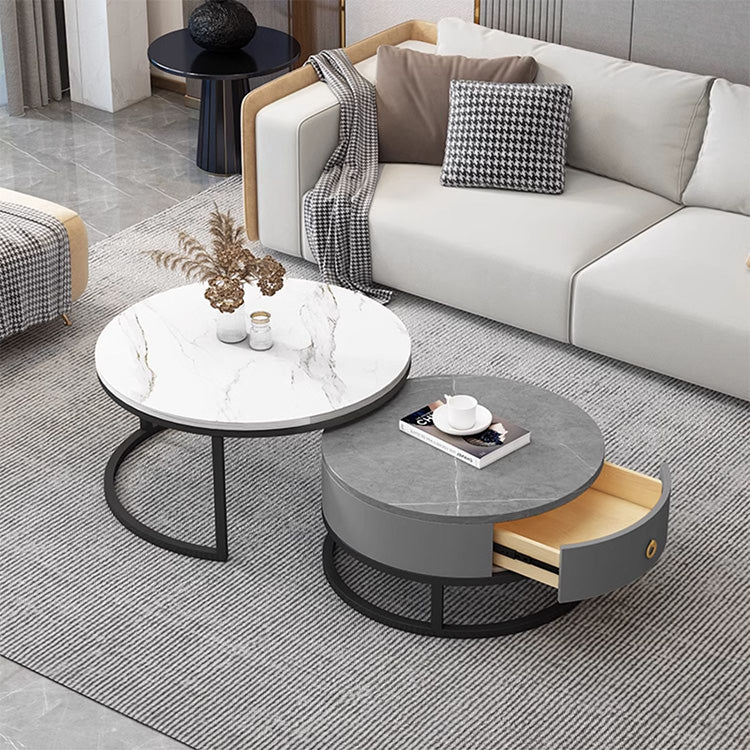 Modern Sintered Stone Tea Table with Adjustable Metal Legs and Sleek PU Leather Trim - White, Gray, Brown Options frg-493