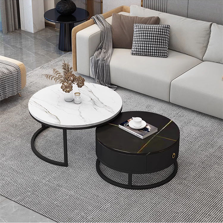 Modern Sintered Stone Tea Table with Adjustable Metal Legs and Sleek PU Leather Trim - White, Gray, Brown Options frg-493