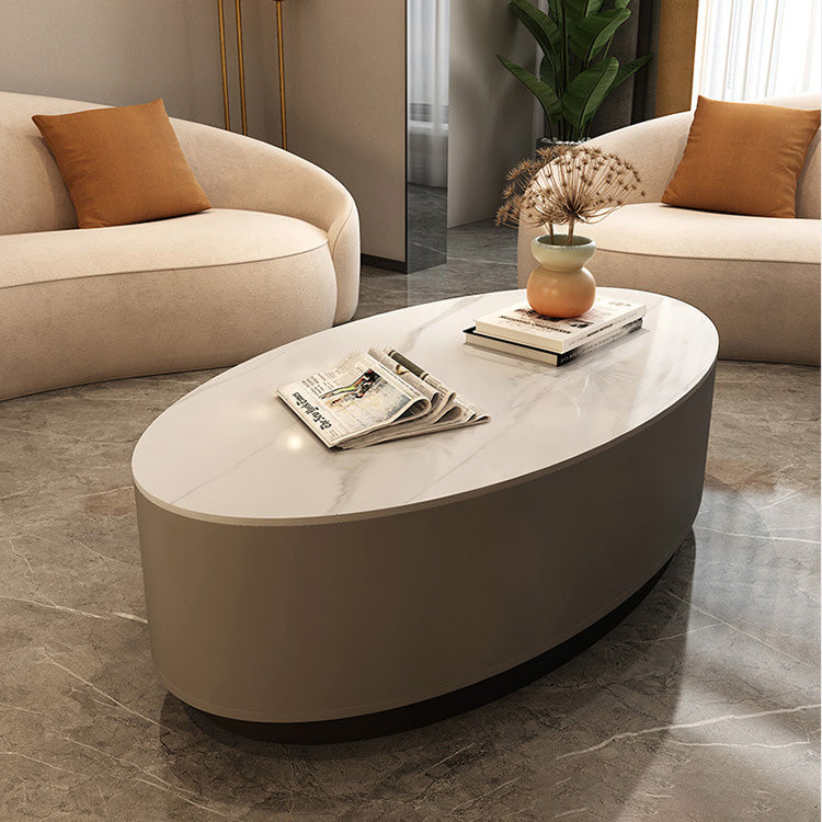 Modern Chic White & Gray Sintered Stone Tea Table with Metal and Synthetic Leather Accents frg-498