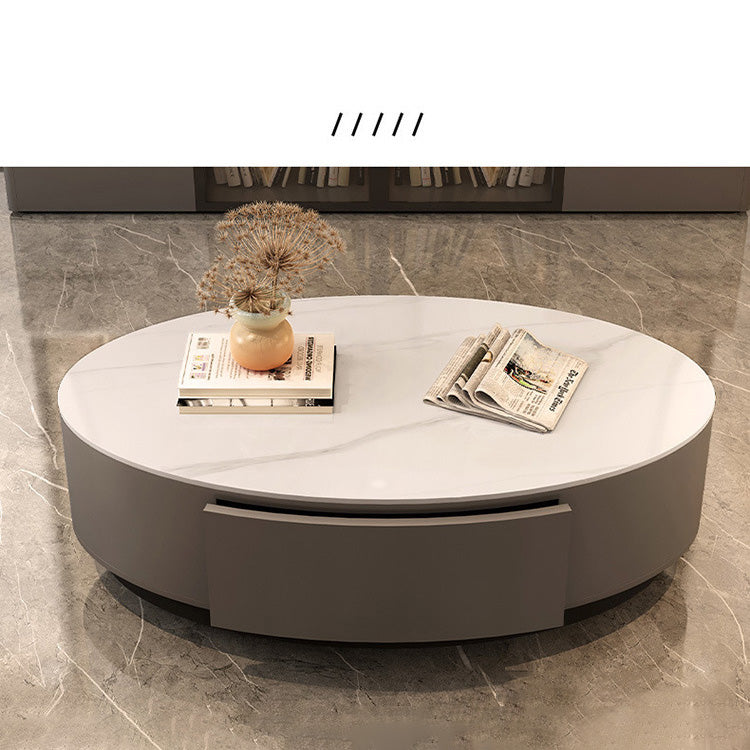 Modern Chic White & Gray Sintered Stone Tea Table with Metal and Synthetic Leather Accents frg-498