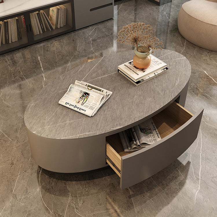 Modern Chic White & Gray Sintered Stone Tea Table with Metal and Synthetic Leather Accents frg-498