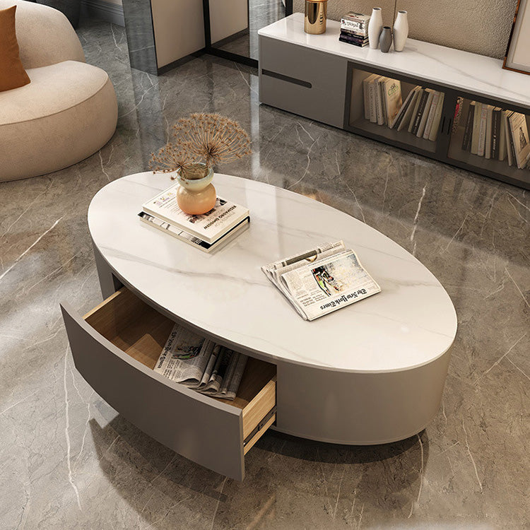 Modern Chic White & Gray Sintered Stone Tea Table with Metal and Synthetic Leather Accents frg-498
