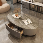 Modern Chic White & Gray Sintered Stone Tea Table with Metal and Synthetic Leather Accents frg-498