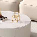 Elegant Modern Sintered Stone and Wood Tea Table with Metal & PU Leather Accents - Gray, White, Brown frg-502