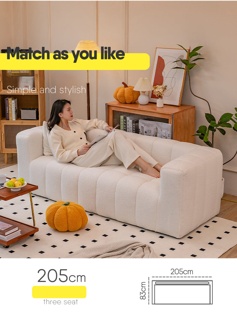 Luxury Off White Faux Lambswool Sofa with Silicon Fill and Wood Accents fsmy-448