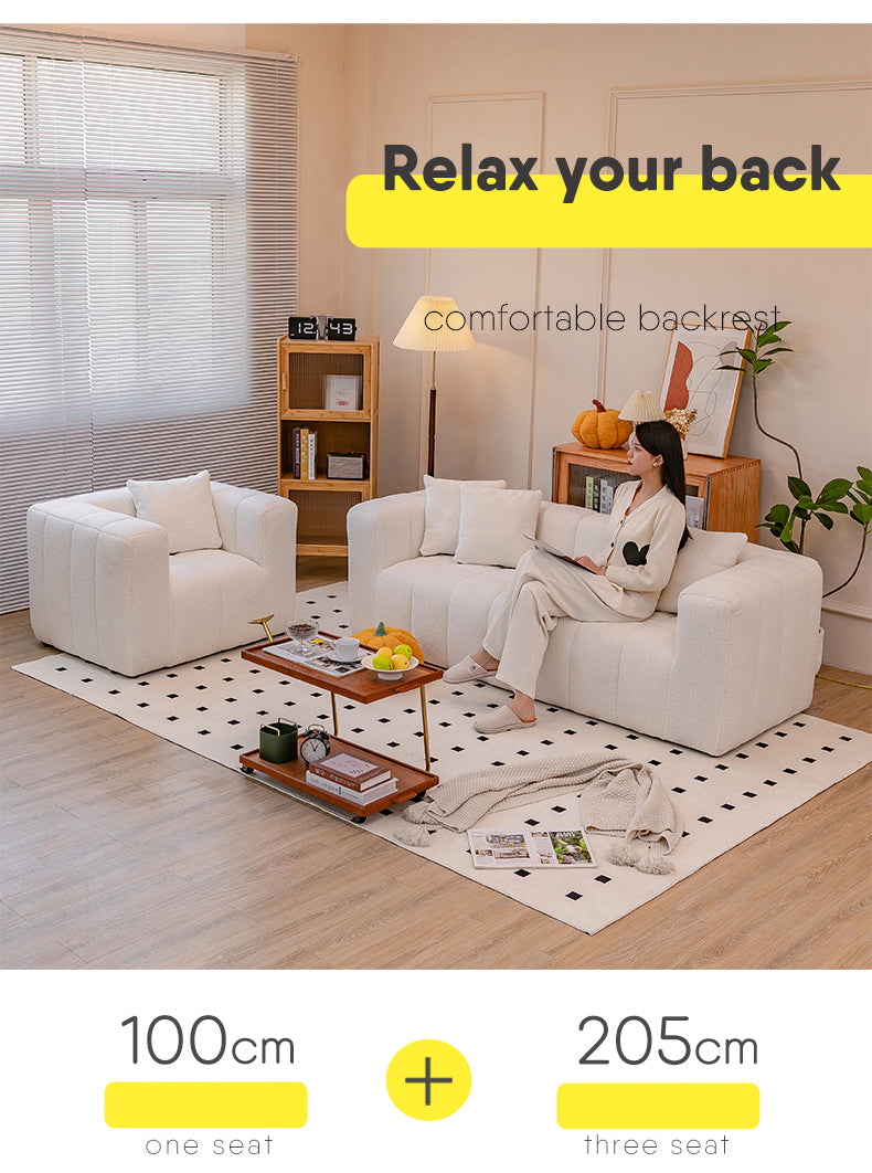 Luxury Off White Faux Lambswool Sofa with Silicon Fill and Wood Accents fsmy-448