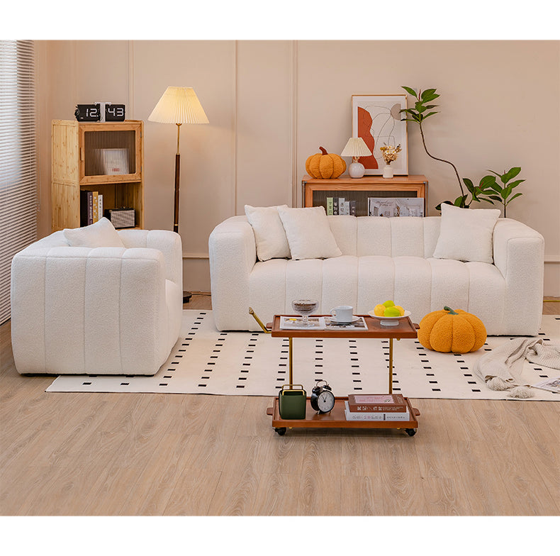 Luxury Off White Faux Lambswool Sofa with Silicon Fill and Wood Accents fsmy-448