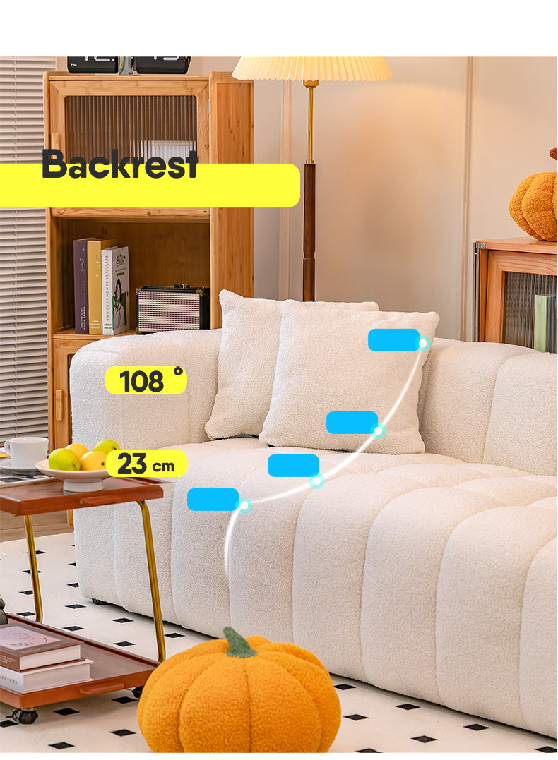 Luxury Off White Faux Lambswool Sofa with Silicon Fill and Wood Accents fsmy-448