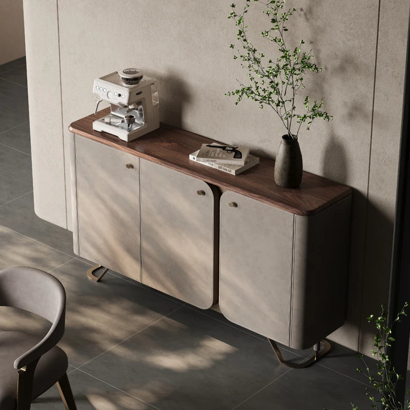 Stylish PU Leather and Black Walnut Cabinet with Modern Design and Multi-Layer Storage fsu-5239
