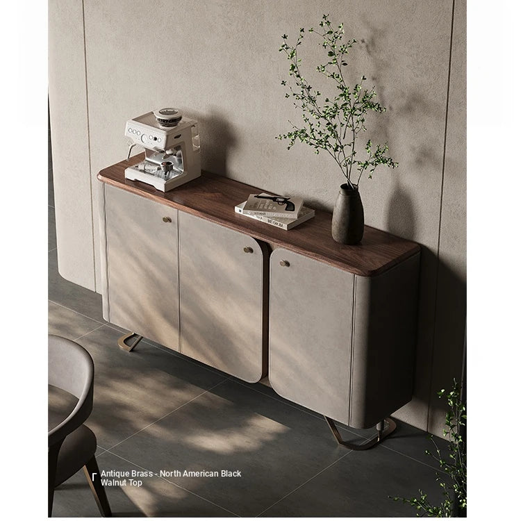 Stylish PU Leather and Black Walnut Cabinet with Modern Design and Multi-Layer Storage fsu-5239