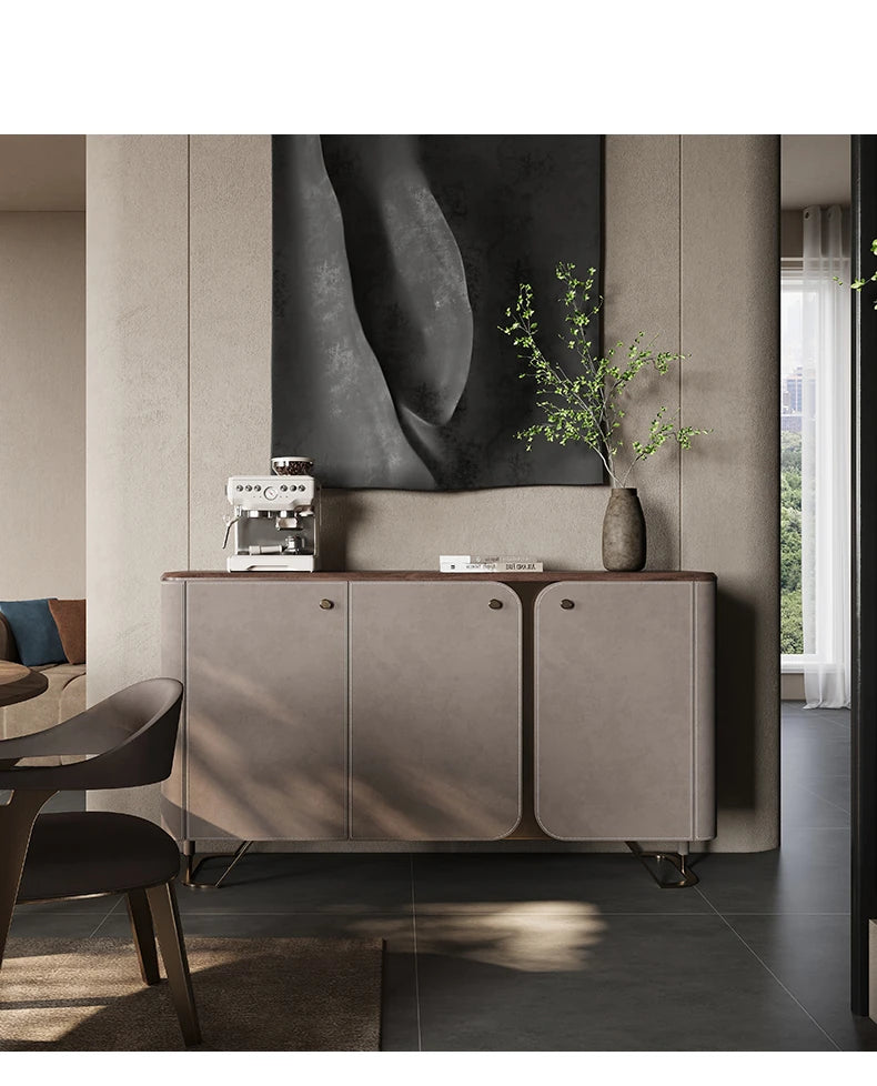 Stylish PU Leather and Black Walnut Cabinet with Modern Design and Multi-Layer Storage fsu-5239