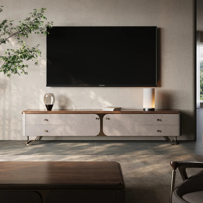 Stylish PU Leather TV Stand with Black Walnut Top and Metal Legs – Modern and Functional Entertainment Unit fsu-5242