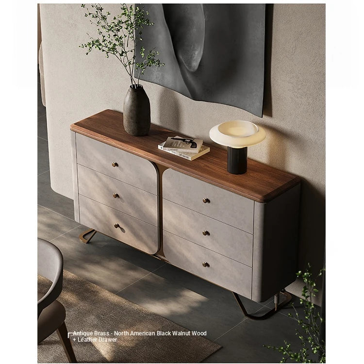 Stylish PU Leather Cabinet with Ash Wood and Black Walnut Finish – Modern Storage Solution for Your Home fsu-5244