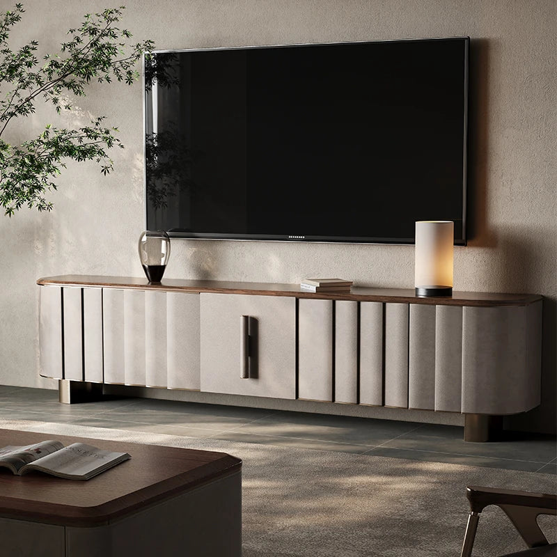 Sleek PU Leather TV Stand with Black Walnut Wood Finish - Modern Multi-Layer Board Design for Stylish Living Rooms fsu-5245