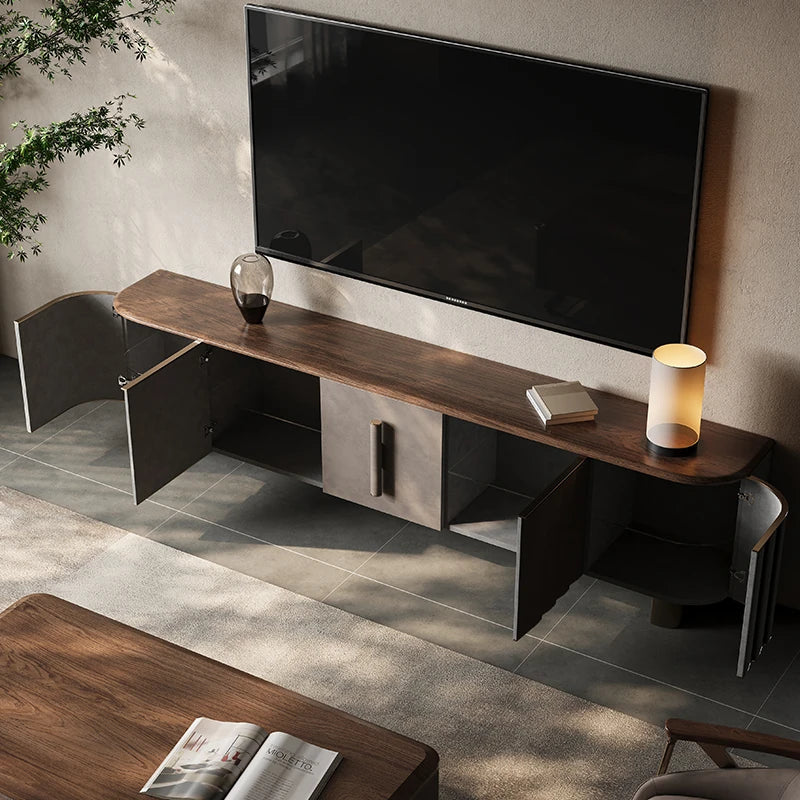 Sleek PU Leather TV Stand with Black Walnut Wood Finish - Modern Multi-Layer Board Design for Stylish Living Rooms fsu-5245
