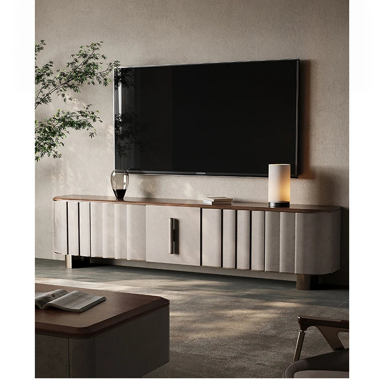 Sleek PU Leather TV Stand with Black Walnut Wood Finish - Modern Multi-Layer Board Design for Stylish Living Rooms fsu-5245