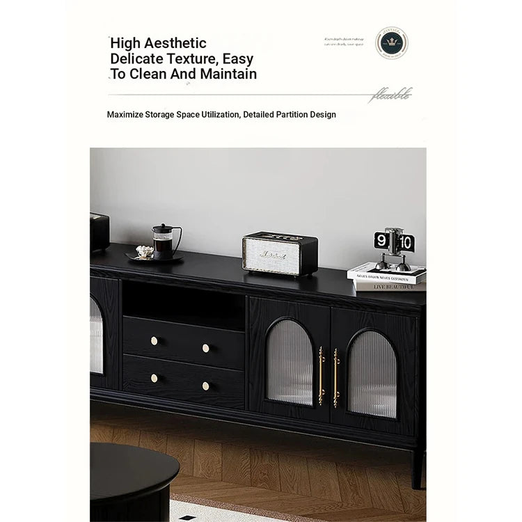 Elegant Black Tempered Glass TV Cabinet - Modern Living Room Furniture with Storage Solutions fvp-4588