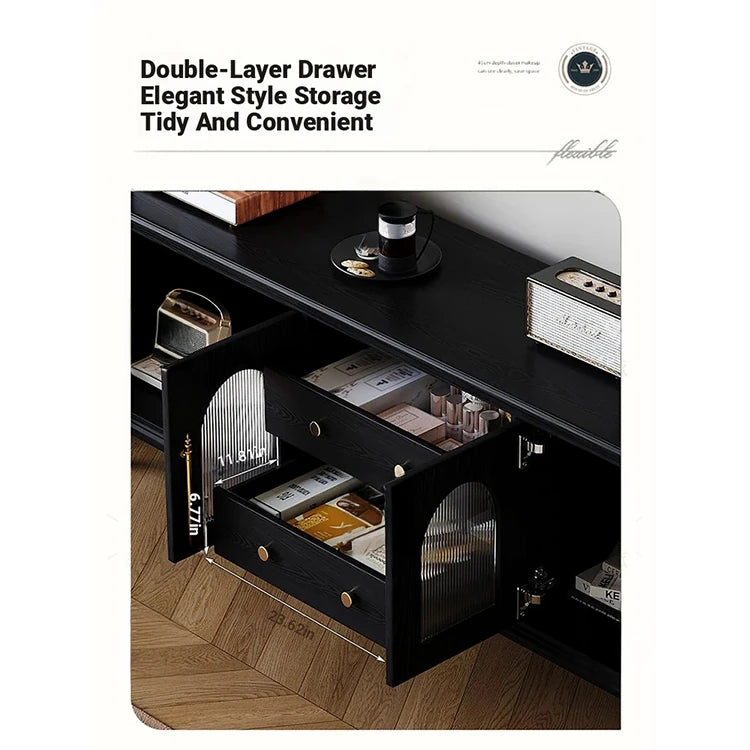 Elegant Black Tempered Glass TV Cabinet - Modern Living Room Furniture with Storage Solutions fvp-4588