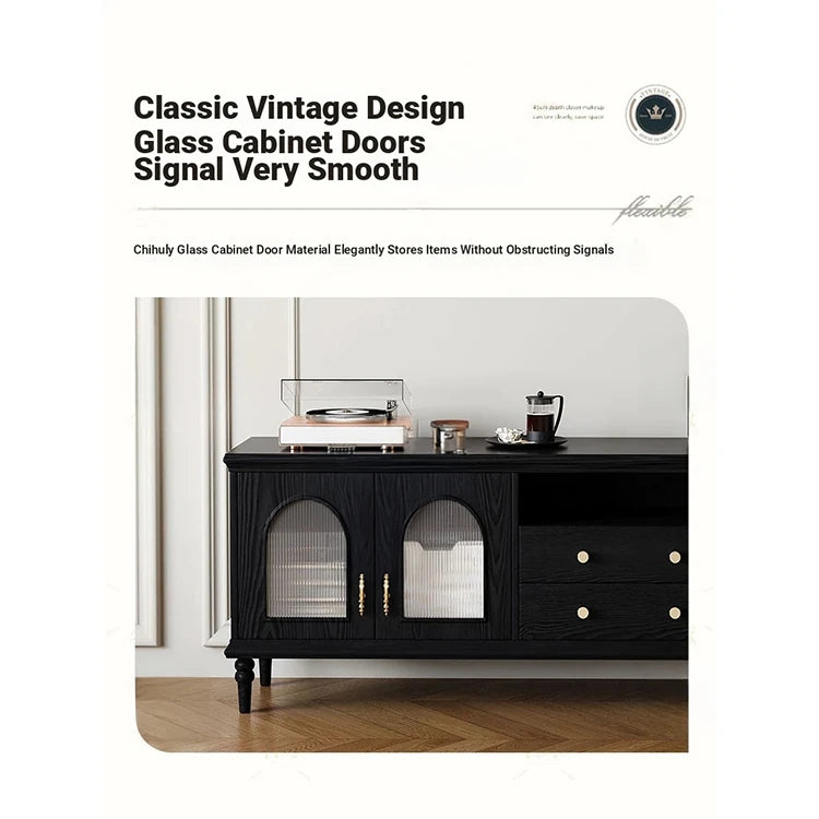 Elegant Black Tempered Glass TV Cabinet - Modern Living Room Furniture with Storage Solutions fvp-4588