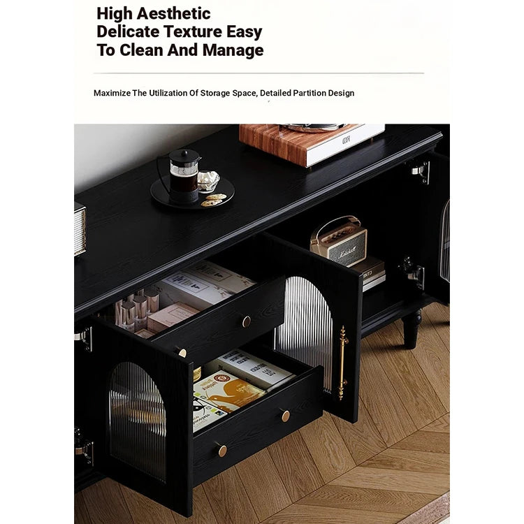 Elegant Black Tempered Glass TV Cabinet - Modern Living Room Furniture with Storage Solutions fvp-4588