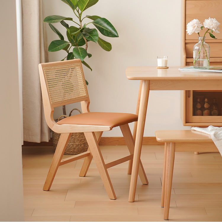 Mid-Century Modern Beech Wood & Rattan Dining Chair with Brown PU Leather Seat fxgmz-592