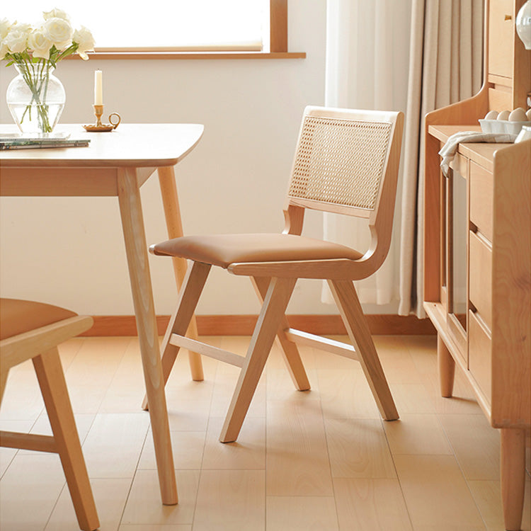 Mid-Century Modern Beech Wood & Rattan Dining Chair with Brown PU Leather Seat fxgmz-592