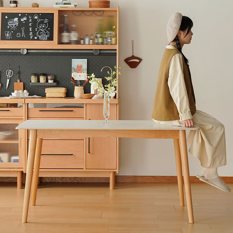 Elegant White Natural Wood Dining Table with Durable Sintered Stone Top & Sturdy Beech Wood Multi-Layer Board fxgmz-598