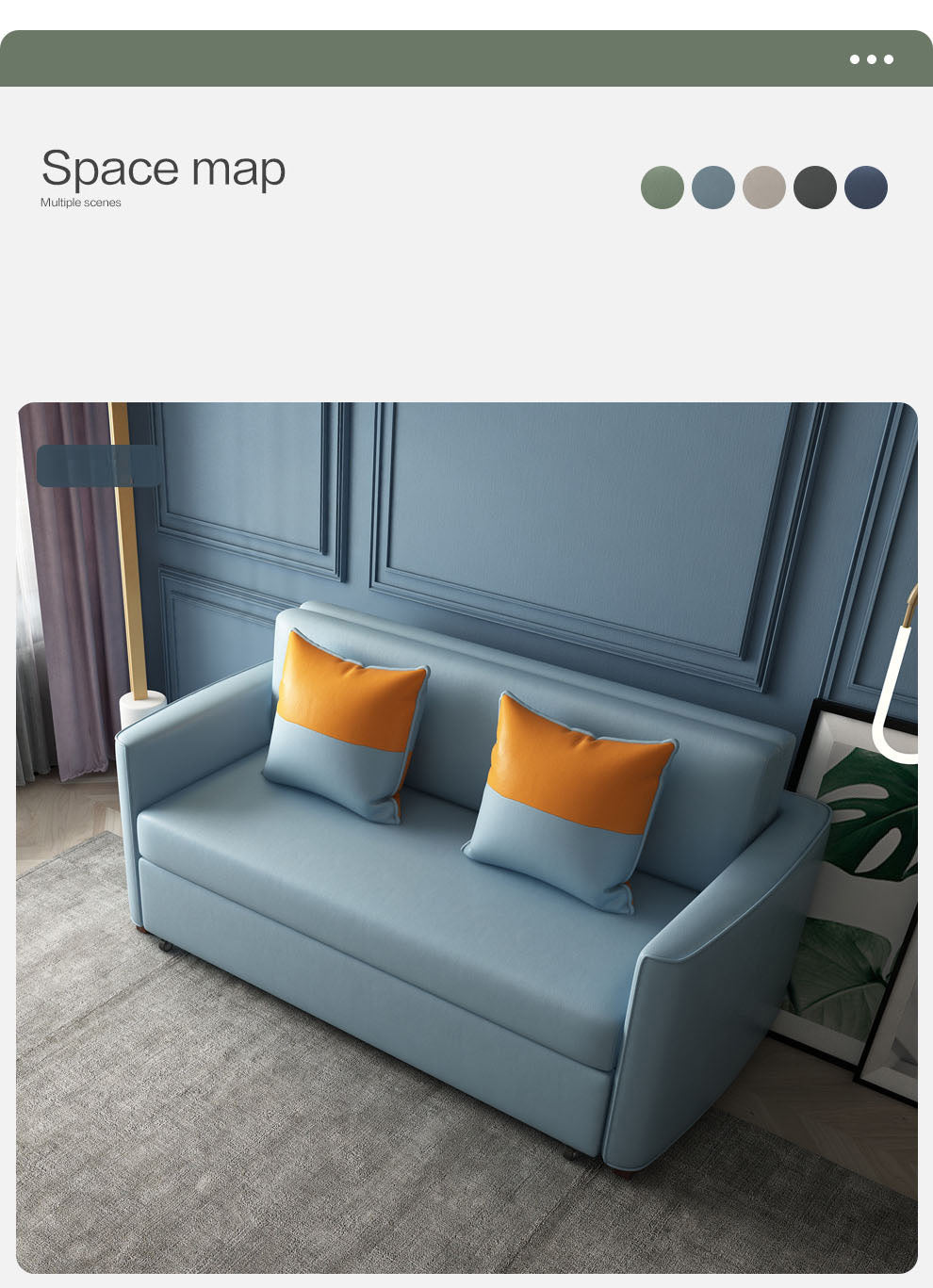 Convertible Sofa Bed with Green Dark Blue Light Gray Techno Fabric and White Wooden Frame fxgz-273