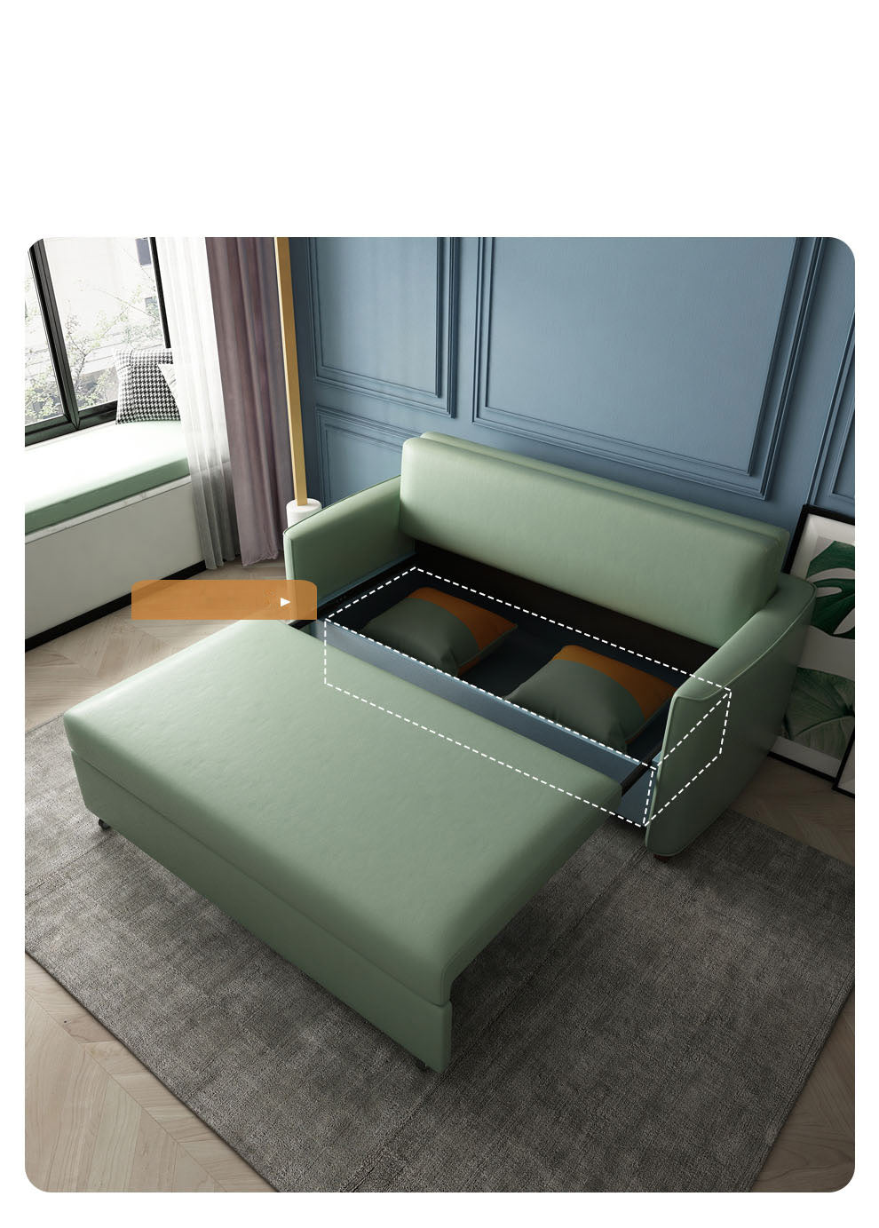 Convertible Sofa Bed with Green Dark Blue Light Gray Techno Fabric and White Wooden Frame fxgz-273