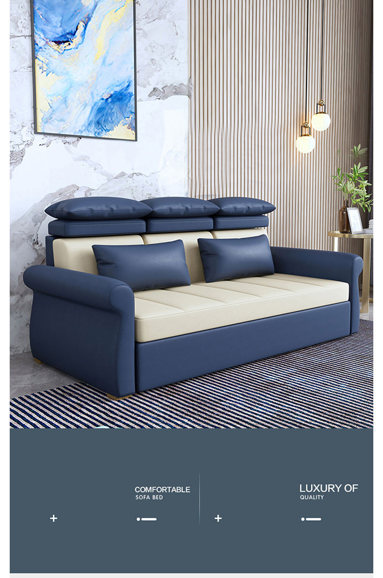 Modern Techno Fabric Sofa Bed in Blue, Green, Dark Gray, and Light Wood Finish fxgz-290