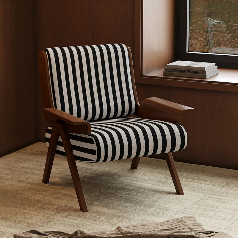 Stylish Black and White Striped Accent Chair with Ash Wood Frame – Perfect for Modern Living Spaces fxmj-3046