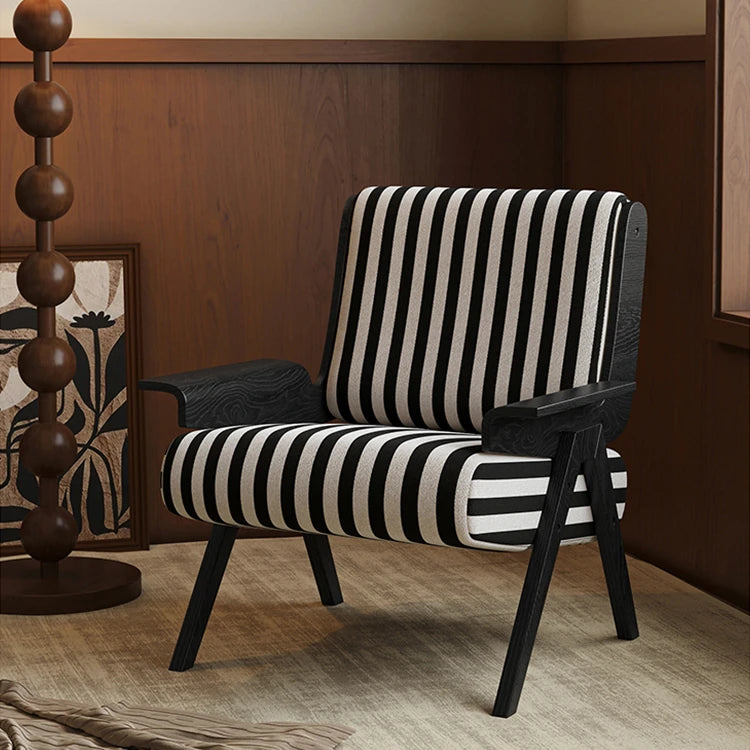 Stylish Black and White Striped Accent Chair with Ash Wood Frame – Perfect for Modern Living Spaces fxmj-3046