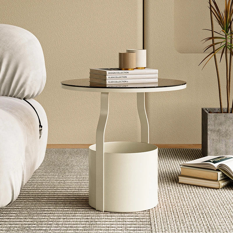 Stylish Tempered Glass Coffee Table with Unique Orange Base and Storage Compartment for Modern Living Rooms fxmj-3056