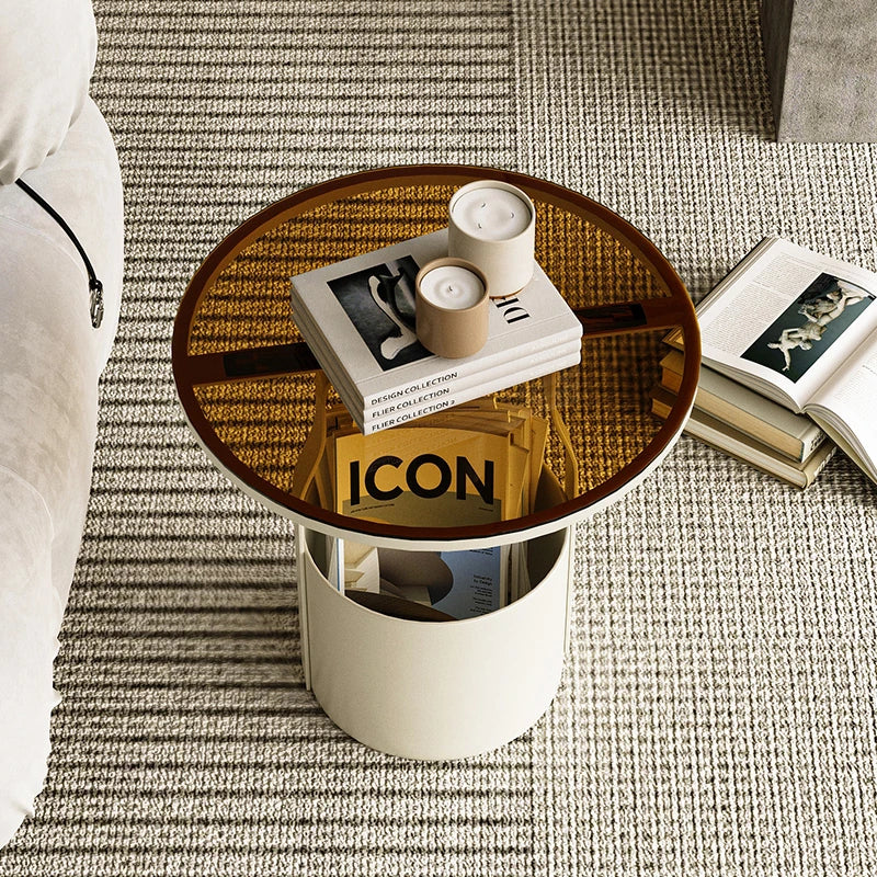 Stylish Tempered Glass Coffee Table with Unique Orange Base and Storage Compartment for Modern Living Rooms fxmj-3056