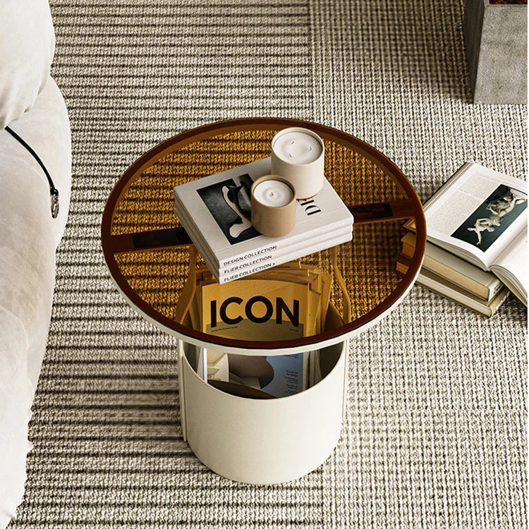 Stylish Tempered Glass Coffee Table with Unique Orange Base and Storage Compartment for Modern Living Rooms fxmj-3056