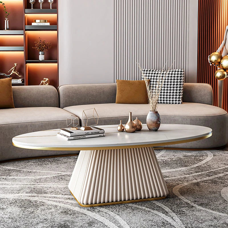 Elegant Sintered Stone Coffee Table with Synthetic Leather Base – Modern Oval Design for Living Room Décor fxmj-3057