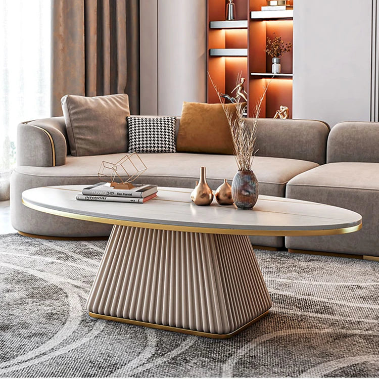 Elegant Sintered Stone Coffee Table with Synthetic Leather Base – Modern Oval Design for Living Room Décor fxmj-3057