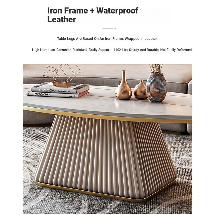 Elegant Sintered Stone Coffee Table with Synthetic Leather Base – Modern Oval Design for Living Room Décor fxmj-3057