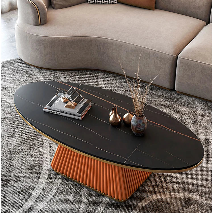 Elegant Sintered Stone Coffee Table with Synthetic Leather Base – Modern Oval Design for Living Room Décor fxmj-3057