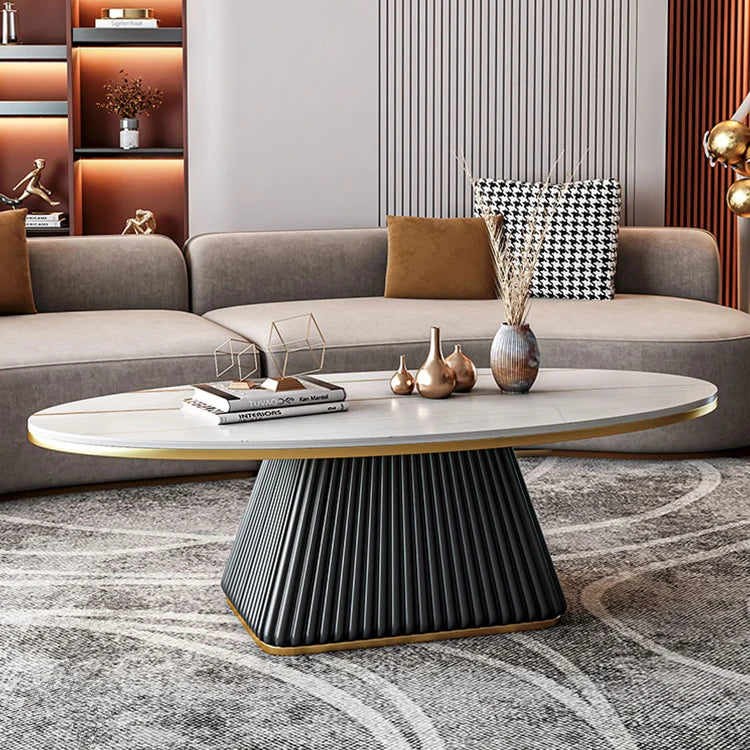Elegant Sintered Stone Coffee Table with Synthetic Leather Base – Modern Oval Design for Living Room Décor fxmj-3057