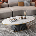 Elegant Sintered Stone Coffee Table with Synthetic Leather Base – Modern Oval Design for Living Room Décor fxmj-3057